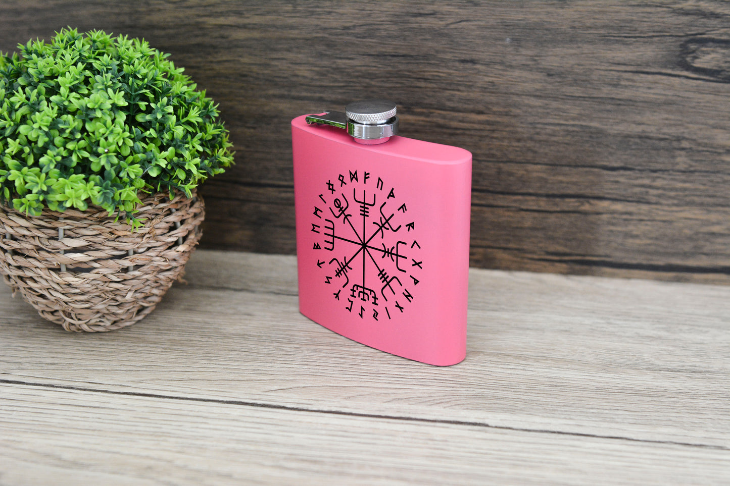 Norse Viking Pink Hip Flask – 6oz Steel Engraved Gift with Gift Box (Black or Silver Finish)