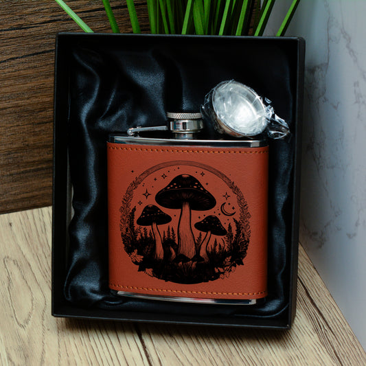 Whimsical Mushroom Hip Flask – 6oz Leatherette Wrapped Gift Set with Engraved Forest Designs