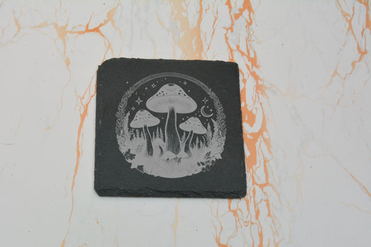 Whimsical Mushroom Slate Coaster – Engraved Natural Stone Drink Mat