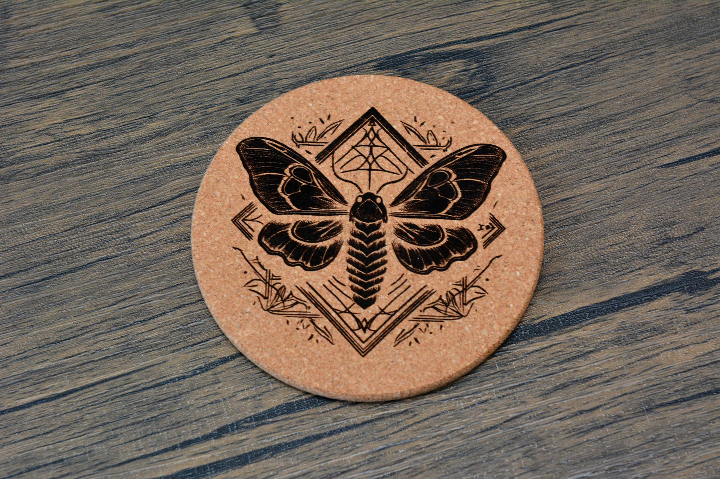 Mystical Moth Cork Coaster – Laser Engraved Round Design