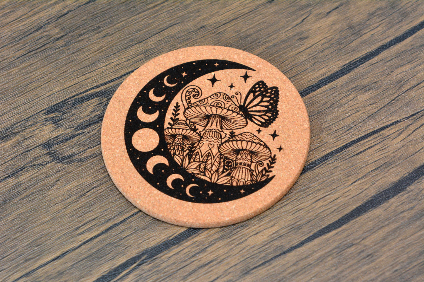 Enchanted Mushroom Cork Coaster – Laser Engraved Round Design