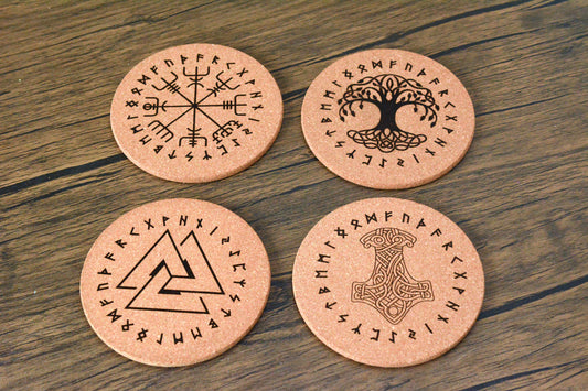 Norse Symbol Cork Coaster Set – Viking Nordic Engraved Cork Coasters (Set of 4)
