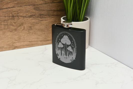 Whimsical Mushroom Hip Flask – 6oz Black Stainless Steel Engraved Gift with Satin Gift Box
