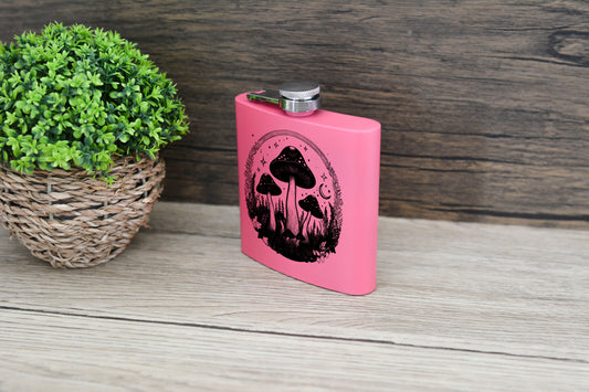 Pink Mushroom Hip Flask – 6oz Stainless Steel Gift Set with Enchanted Forest Engraved Designs