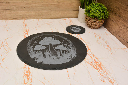 Whimsical Mushroom Slate Placemat & Coaster Set – Round Engraved Stone Dining Gift