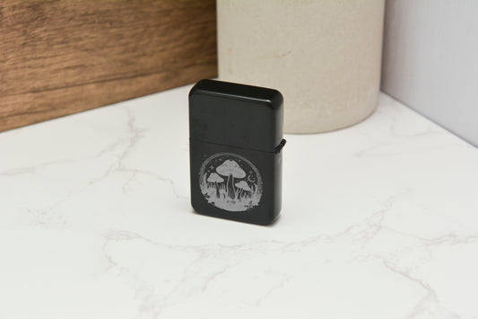 Whimsical Mushroom Flip Lighter – Black Engraved Stainless Steel with Gift Tin