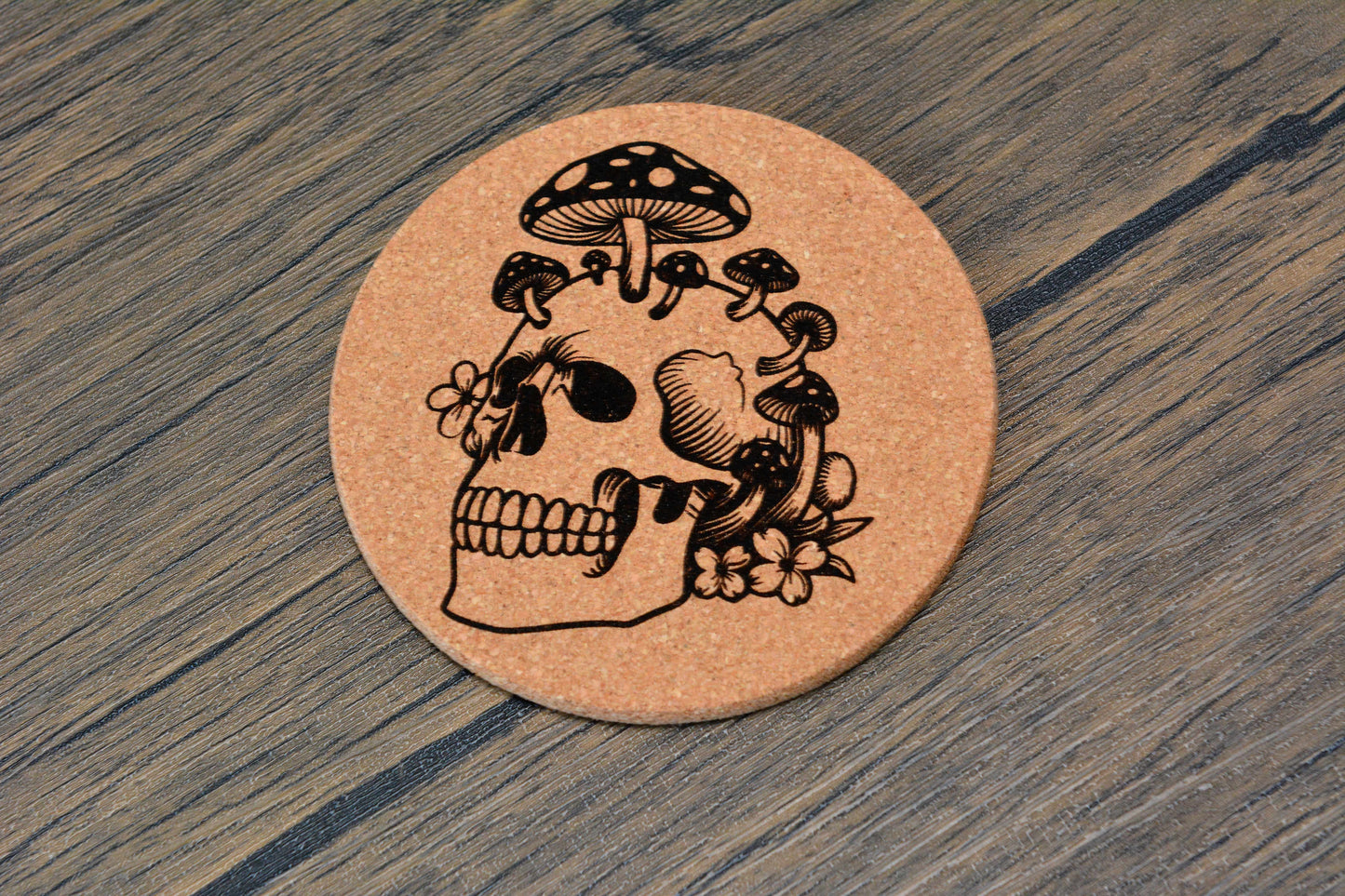 Gothic Mushroom Skull Cork Coaster – Laser Engraved Round Design