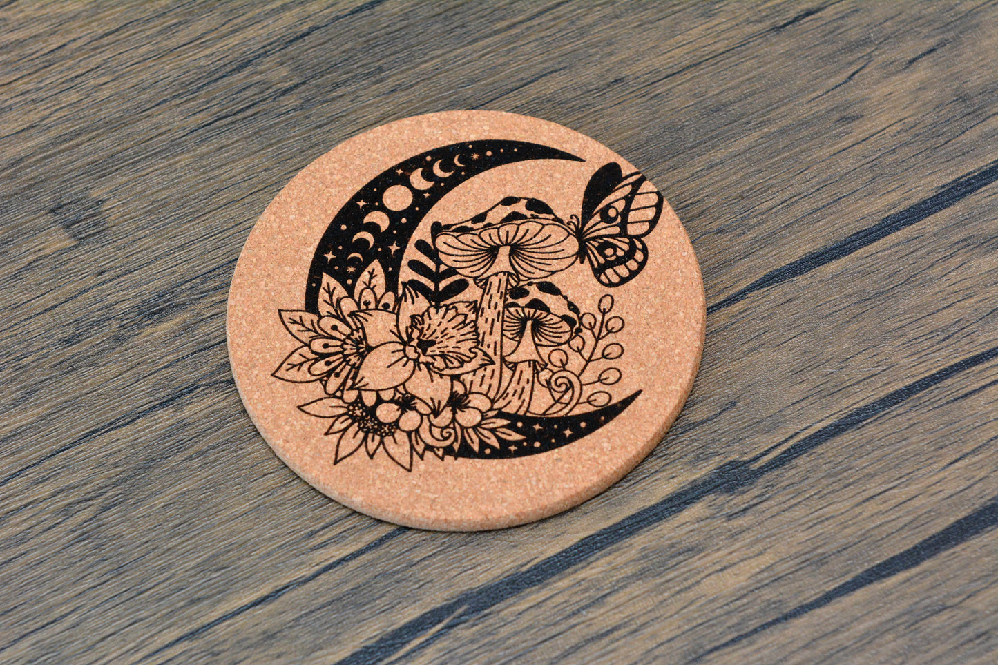 Enchanted Mushroom Cork Coaster – Laser Engraved Round Design