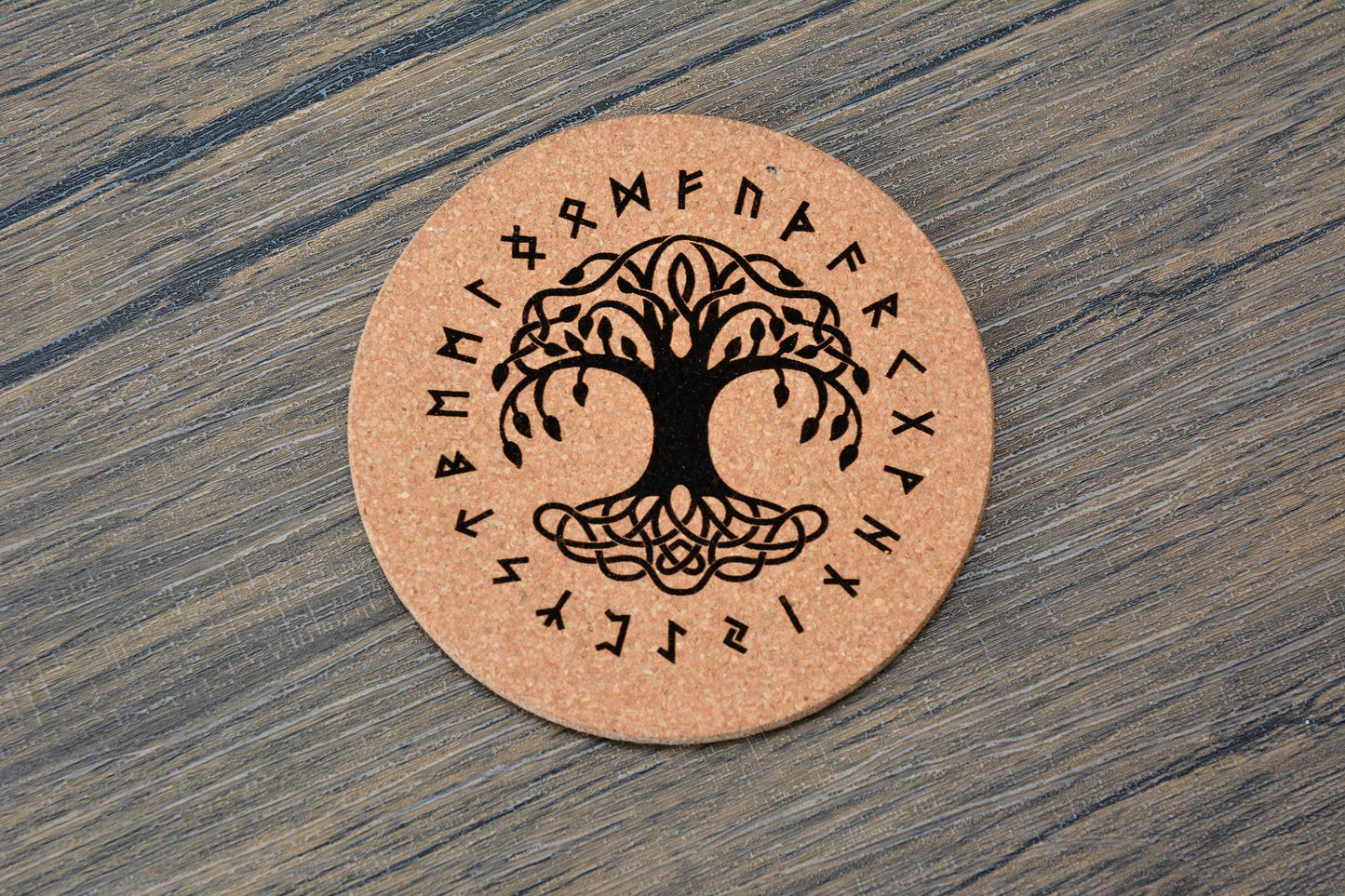 Norse Symbol Cork Coaster – Laser Engraved Round Design