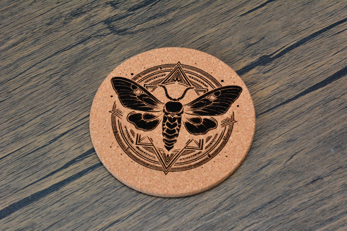 Mystical Moth Cork Coaster – Laser Engraved Round Design