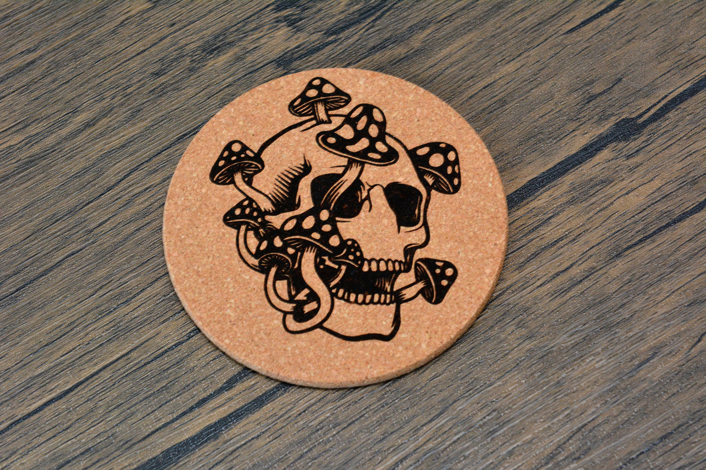Gothic Mushroom Skull Cork Coaster – Laser Engraved Round Design