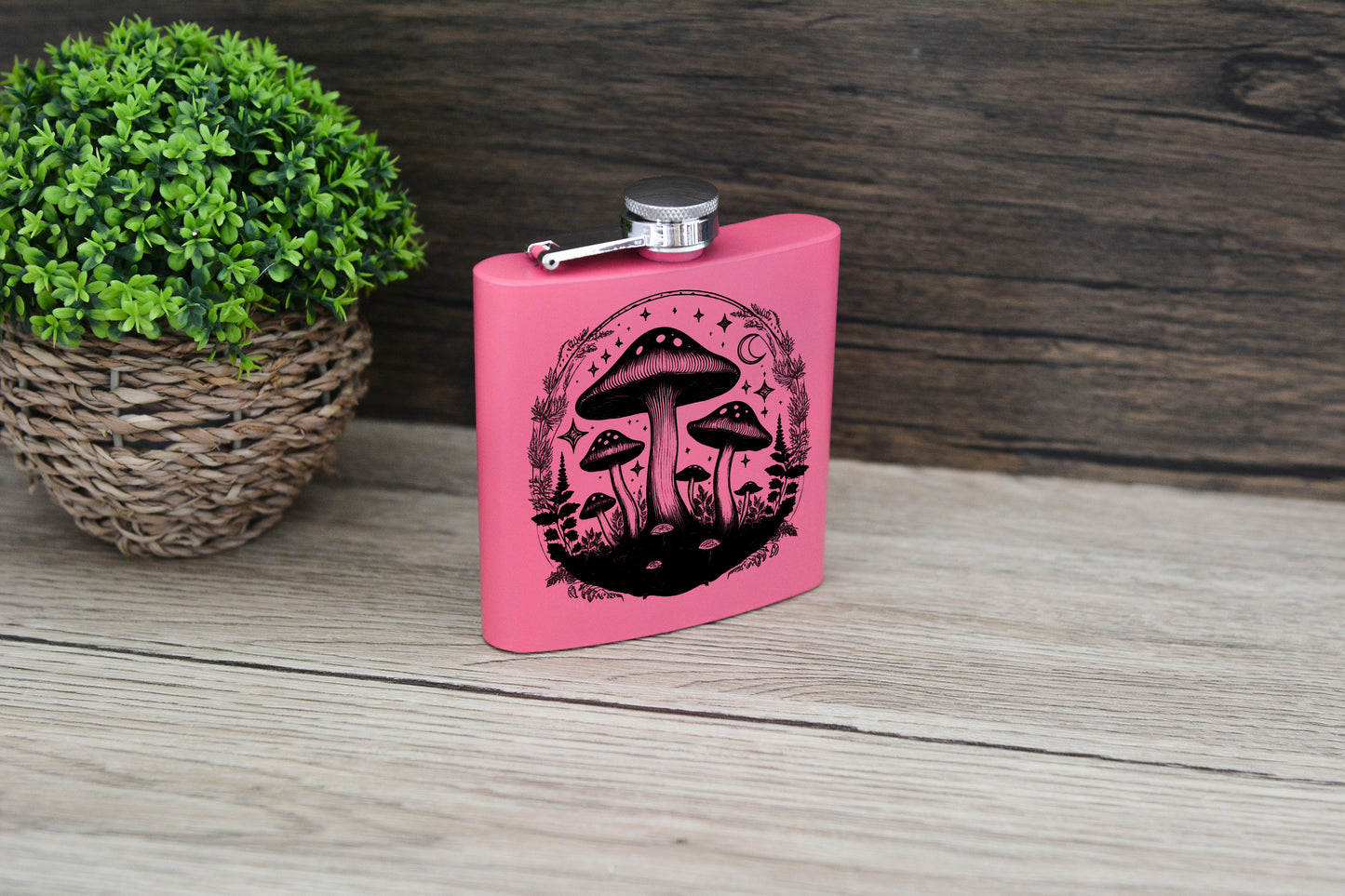 Pink Mushroom Hip Flask – 6oz Stainless Steel Gift Set with Enchanted Forest Engraved Designs