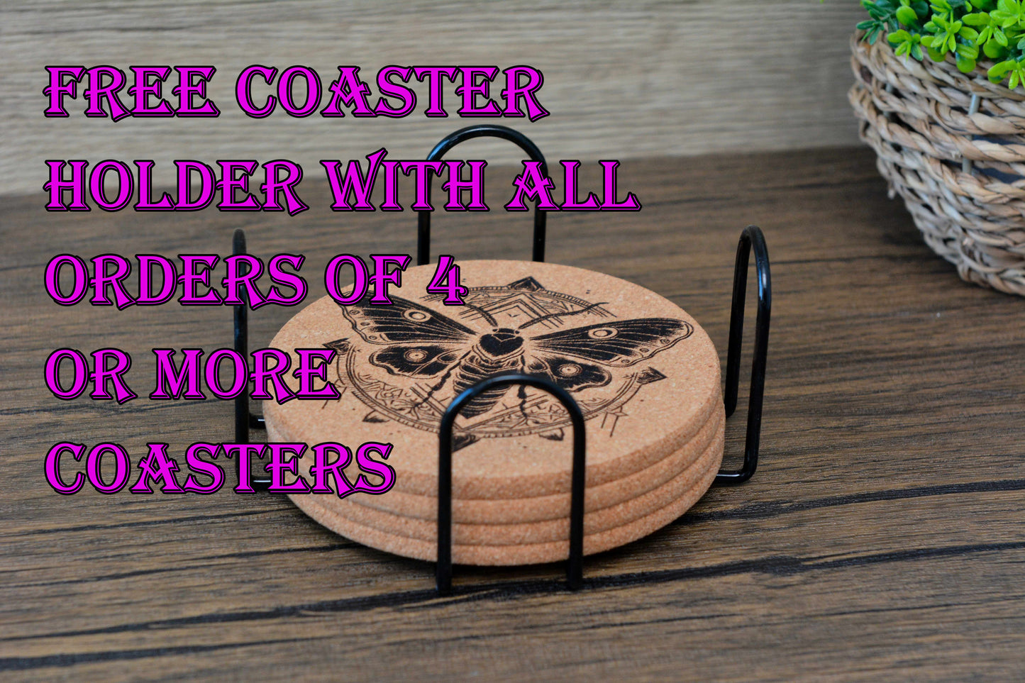 Mystical Moth Cork Coaster – Laser Engraved Round Design