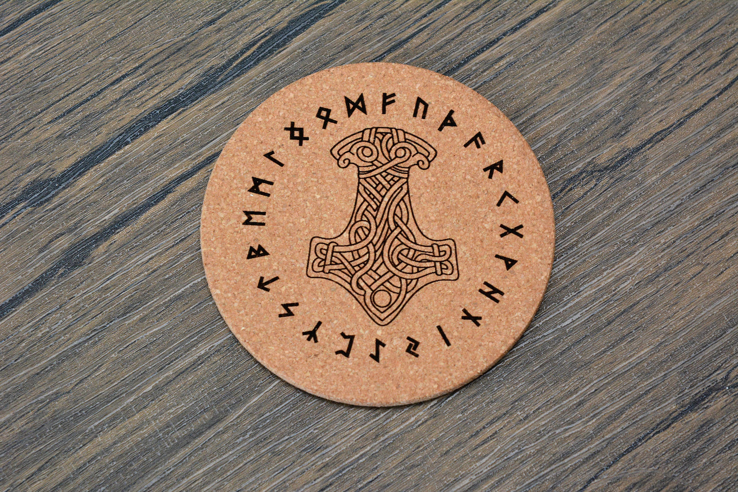 Norse Symbol Cork Coaster – Laser Engraved Round Design