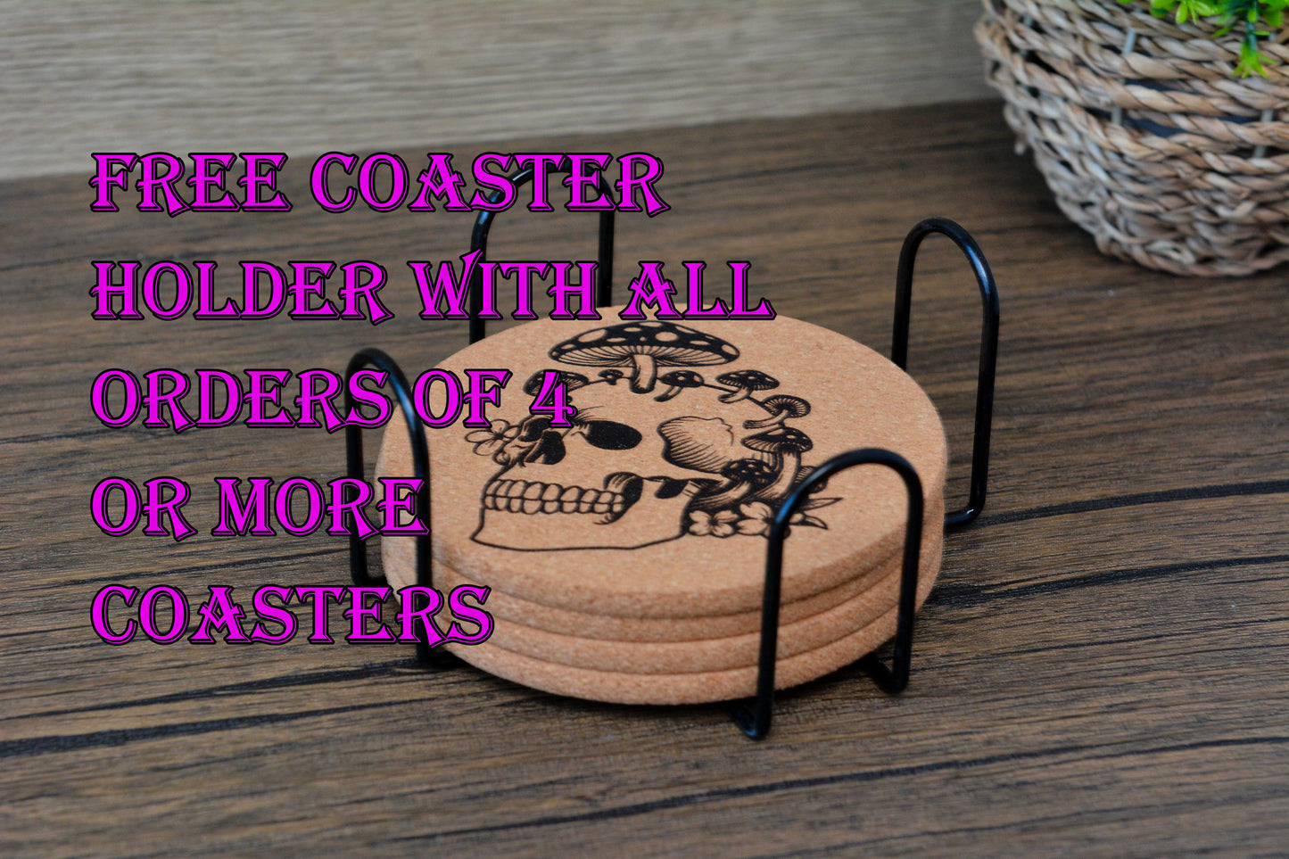Gothic Mushroom Skull Cork Coaster – Laser Engraved Round Design