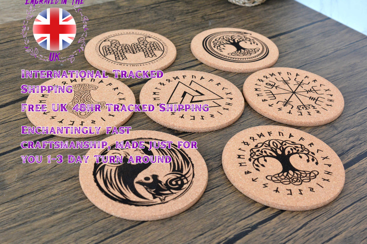Norse Symbol Cork Coaster – Laser Engraved Round Design