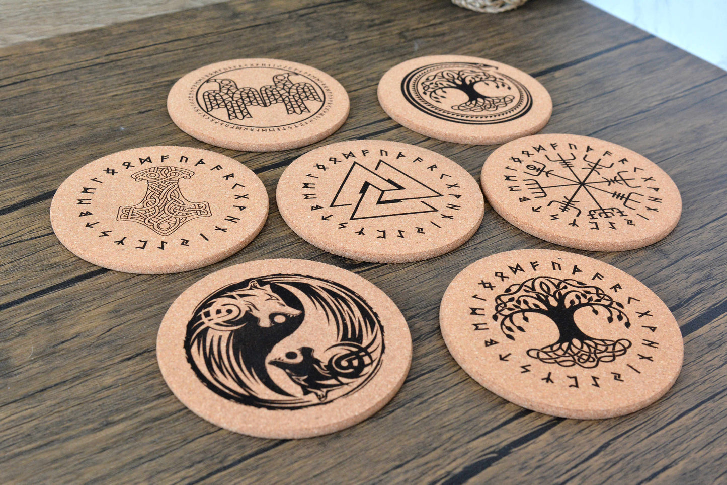 Norse Symbol Cork Coaster – Laser Engraved Round Design