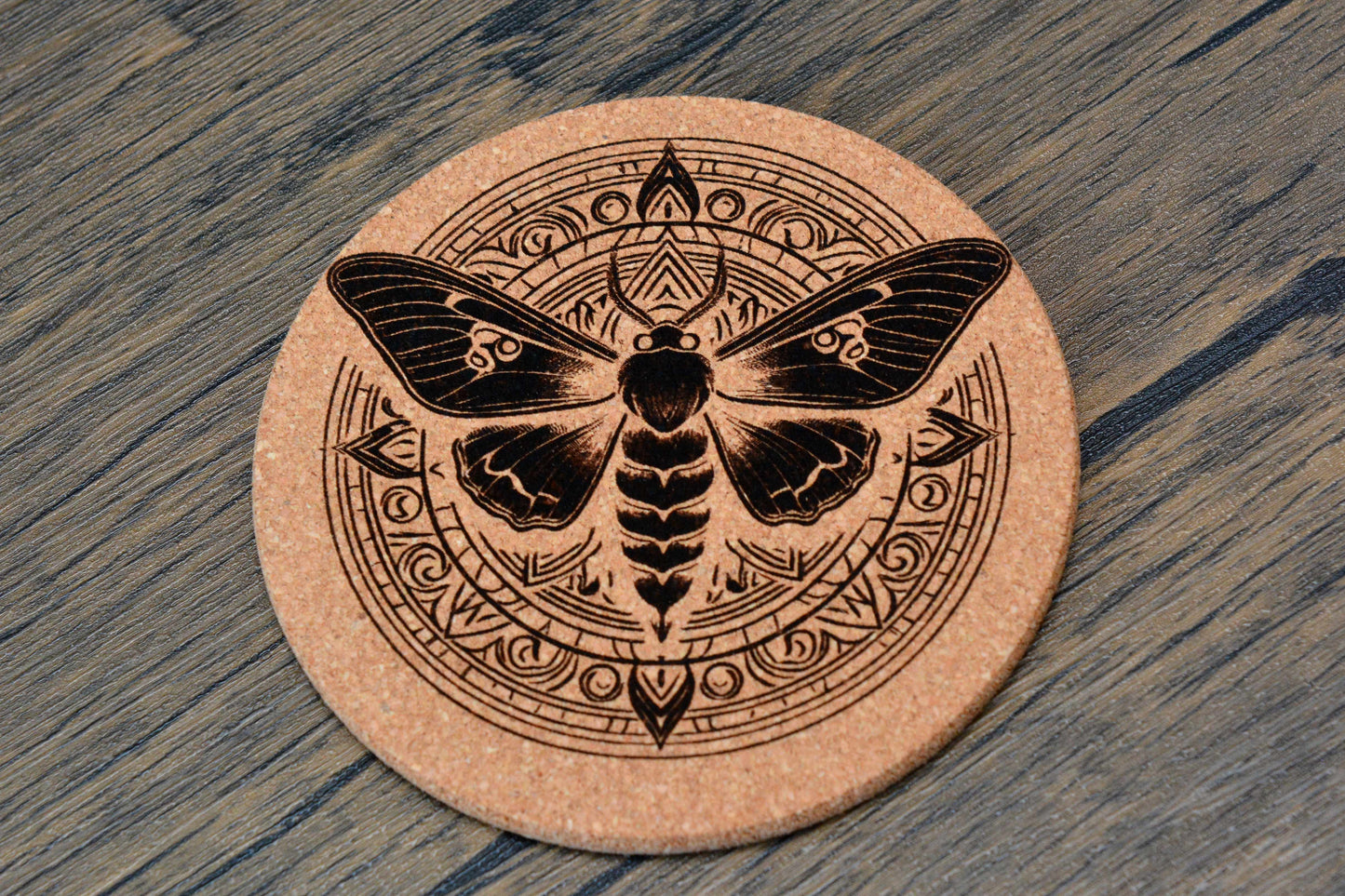 Mystical Moth Cork Coaster – Laser Engraved Round Design