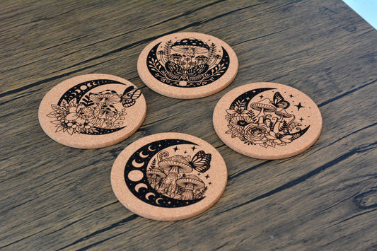 Enchanted Mushroom Cork Coaster Set – Woodland Mushroom Engraved Cork Coasters (Set of 4)