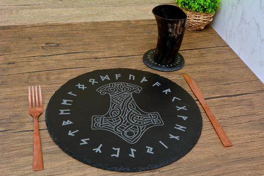 Norse Symbol Slate Placemat & Coaster Set – Handcrafted and Laser Engraved. Viking Home Decor. Pagan tableware, Slate dinner set,