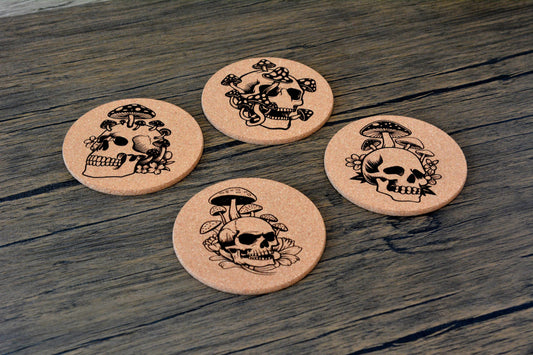 Gothic Mushroom Skull Cork Coaster – Laser Engraved Round Design