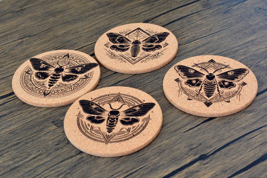 Mystical Moth Cork Coaster – Laser Engraved Round Design