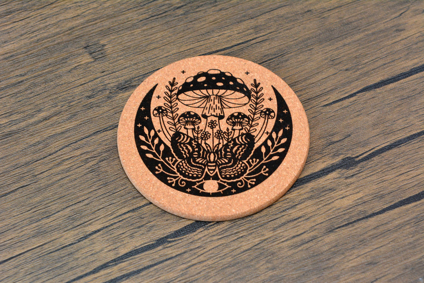 Enchanted Mushroom Cork Coaster – Laser Engraved Round Design