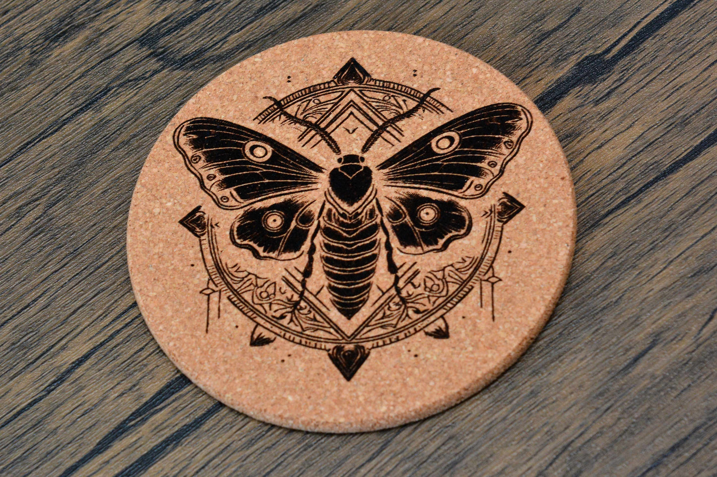 Mystical Moth Cork Coaster – Laser Engraved Round Design