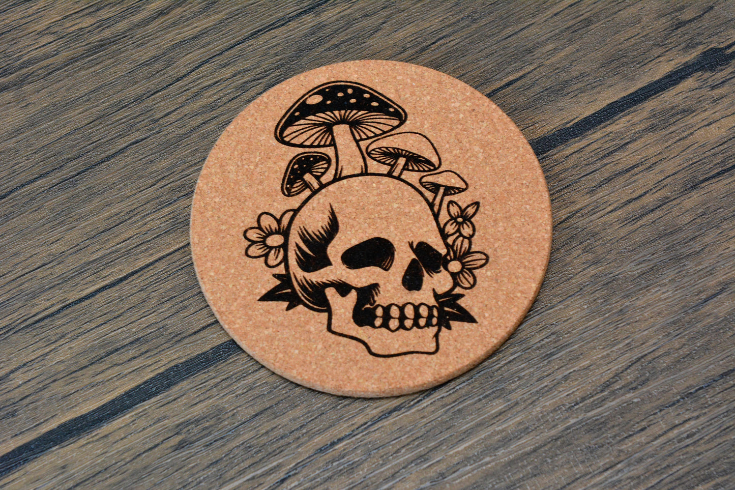 Gothic Mushroom Skull Cork Coaster – Laser Engraved Round Design