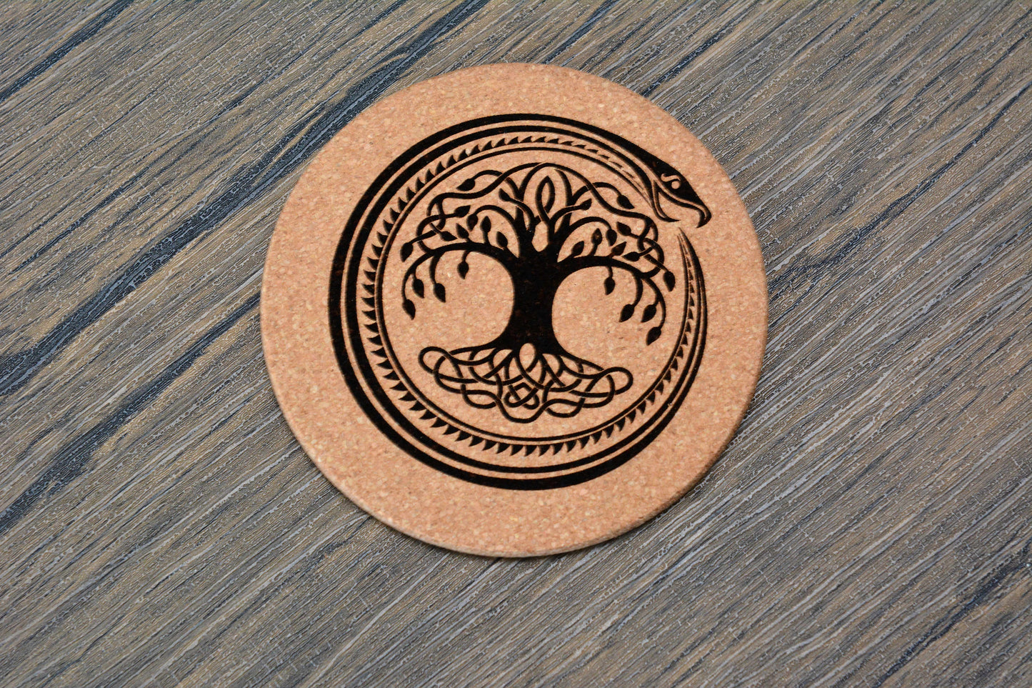Norse Symbol Cork Coaster – Laser Engraved Round Design