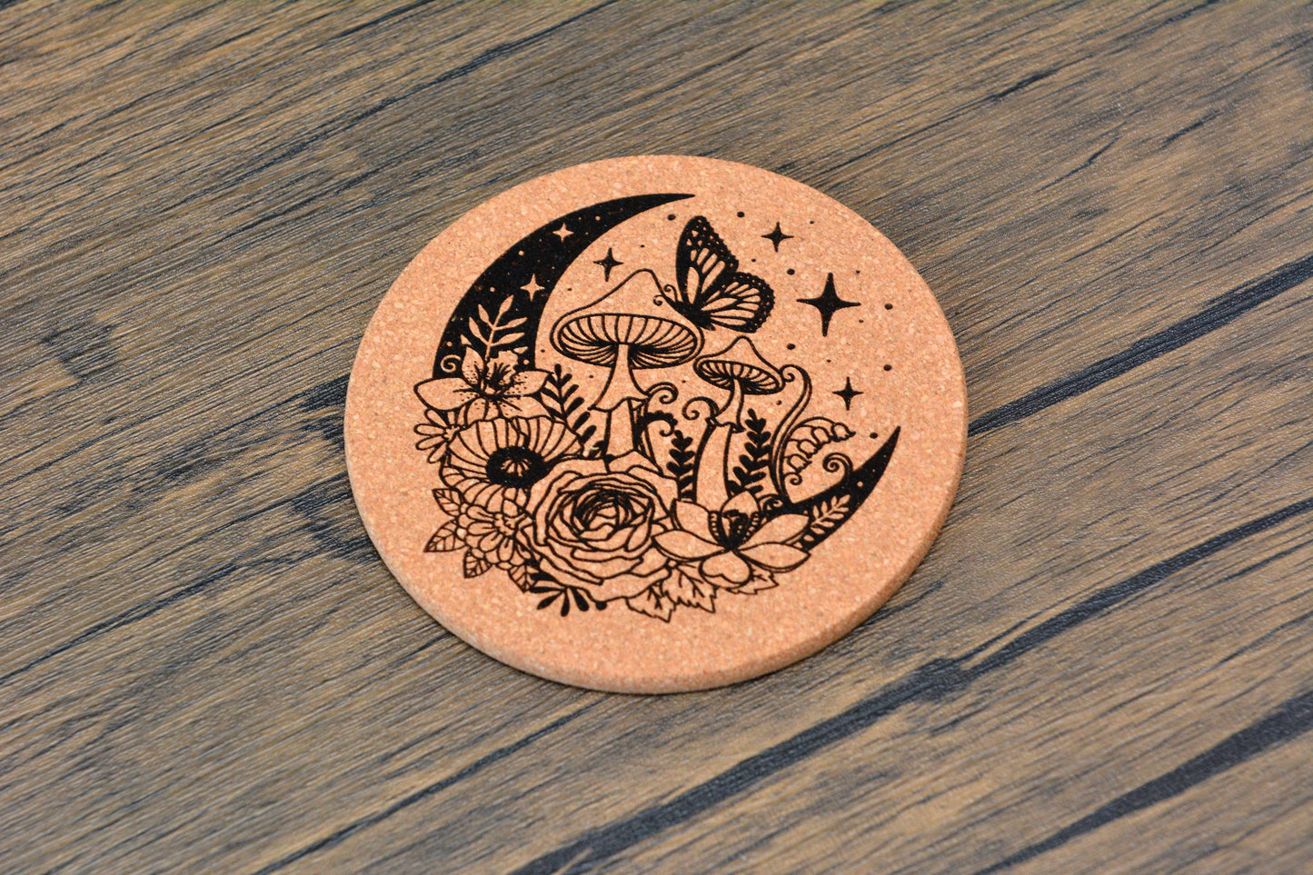 Enchanted Mushroom Cork Coaster – Laser Engraved Round Design