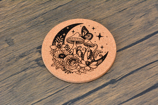 Enchanted Mushroom Cork Coaster – Laser Engraved Round Design