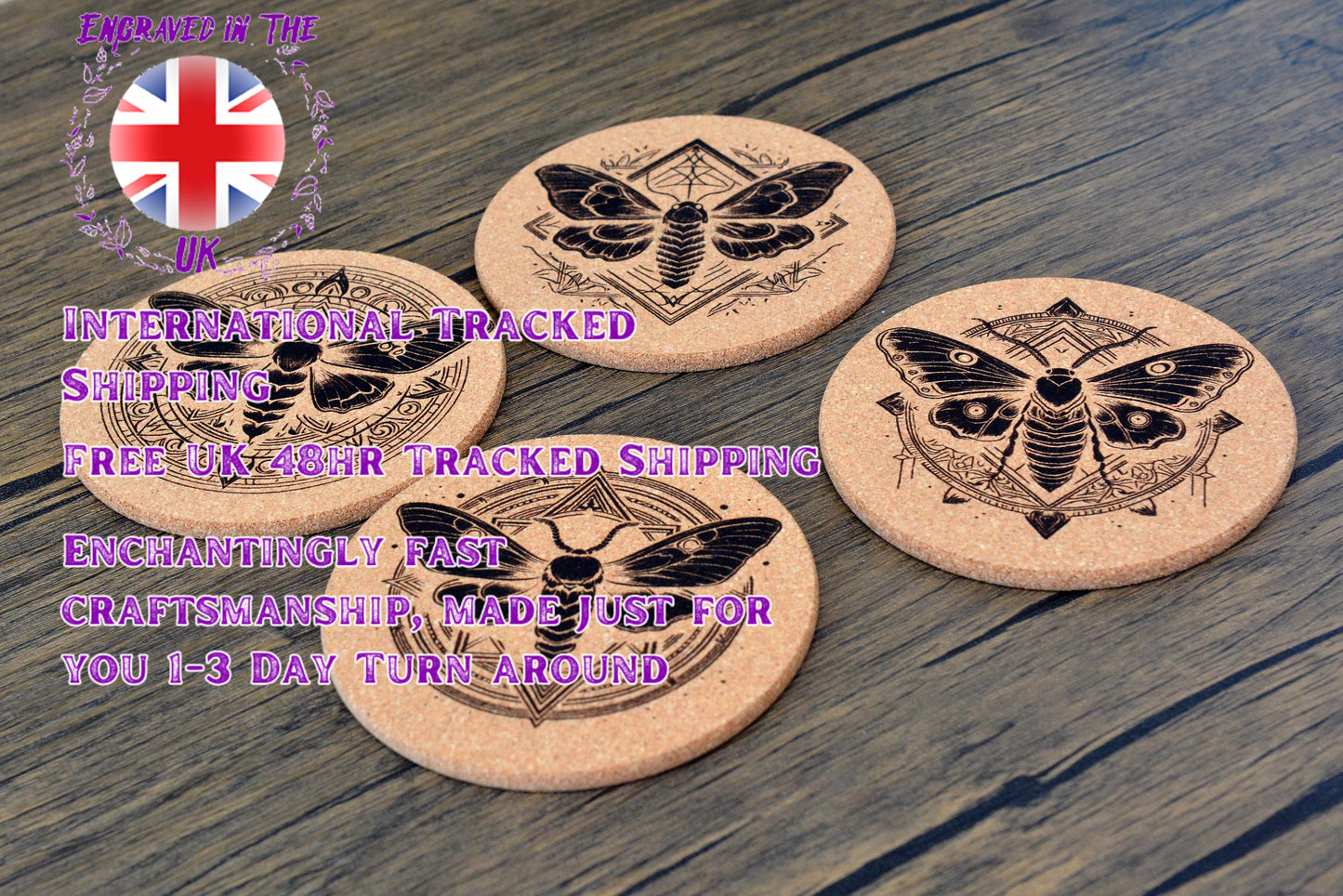 Mystical Moth Cork Coaster – Laser Engraved Round Design
