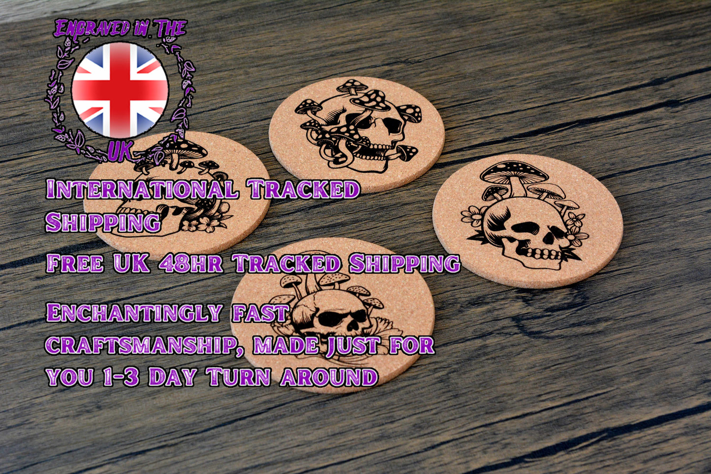 Gothic Mushroom Skull Cork Coaster – Laser Engraved Round Design