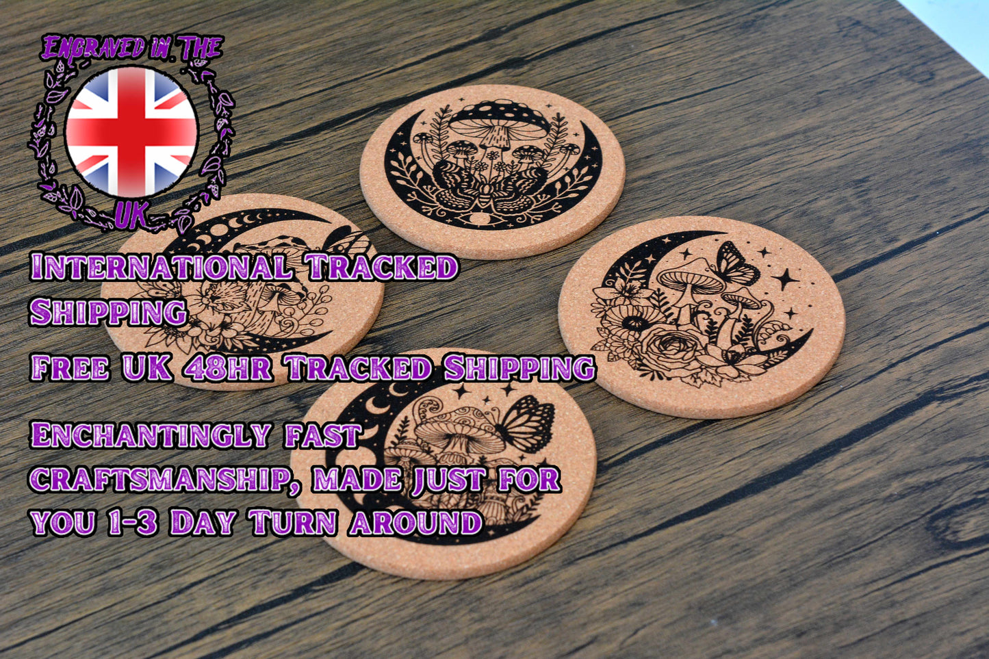 Enchanted Mushroom Cork Coaster – Laser Engraved Round Design