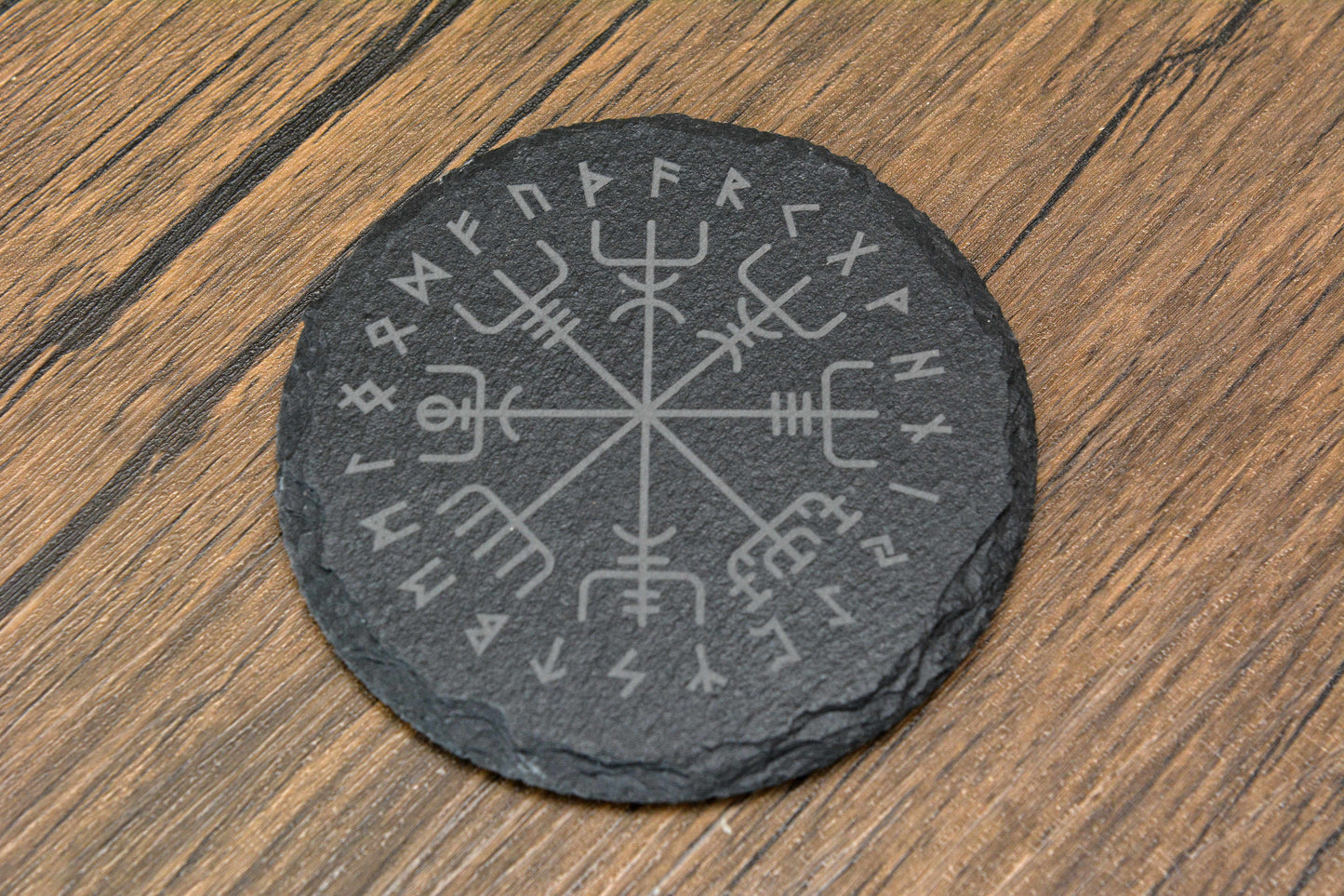 Norse Slate Coaster Set – Engraved Viking Coasters with Holder, Set of 4 Rune Design Drinks Mats