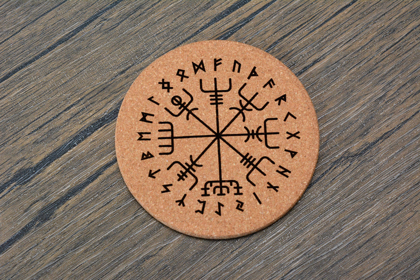 Norse Symbol Cork Coaster – Laser Engraved Round Design