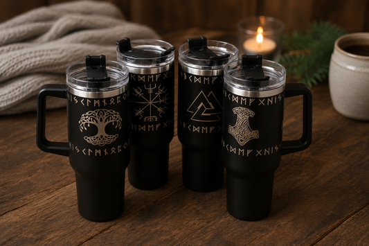 Norse 1.13L Tumbler – Engraved Viking Large Travel Mug with Handle & Straw