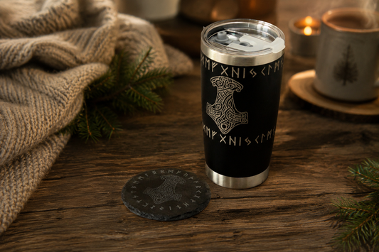 Mjolnir Norse Tumbler & Coaster Gift Set – Engraved Viking Thermal Mug