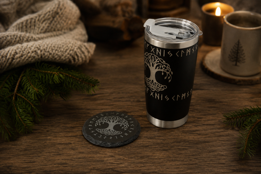 Yggdrasil Norse Tumbler & Coaster Gift Set – Engraved Viking Thermal Mug