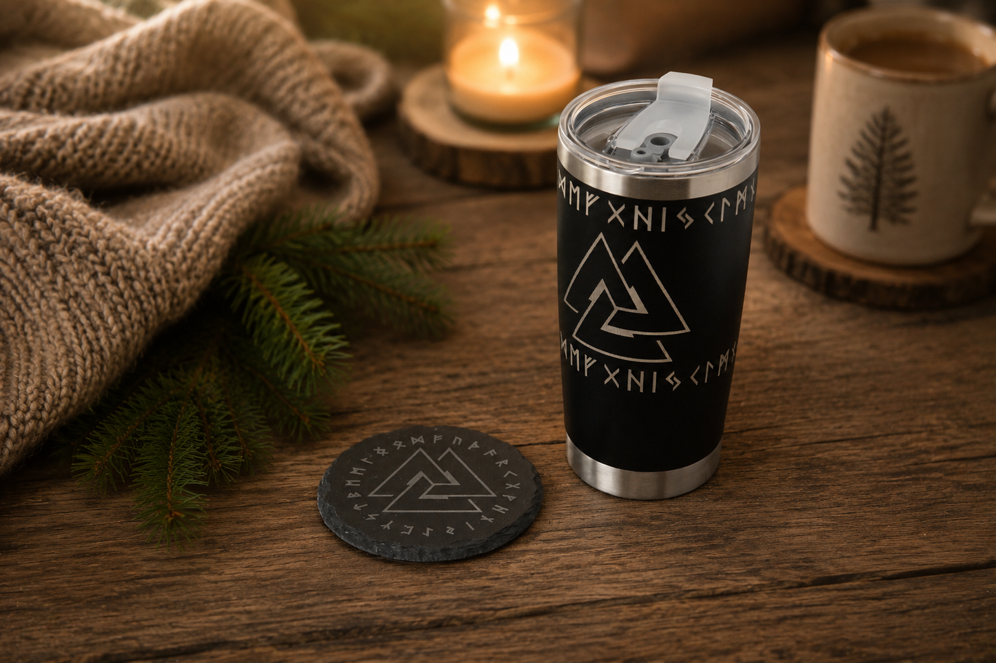 Valknut Norse Tumbler & Coaster Gift Set – Engraved Viking Thermal Mug
