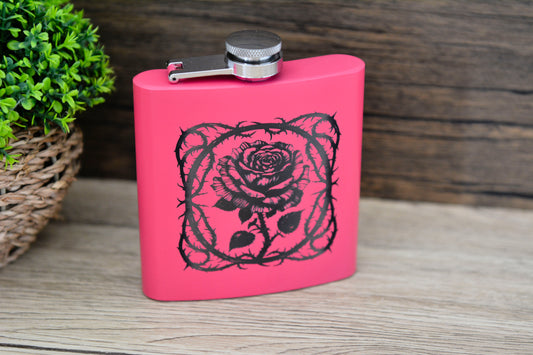 Gothic Rose Pink Hip Flask – 6oz Steel Engraved Gift (Black or Silver Finish)