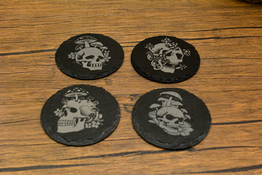 Engraved Slate Skull & Mushroom Coaster – Gothic Nature Design