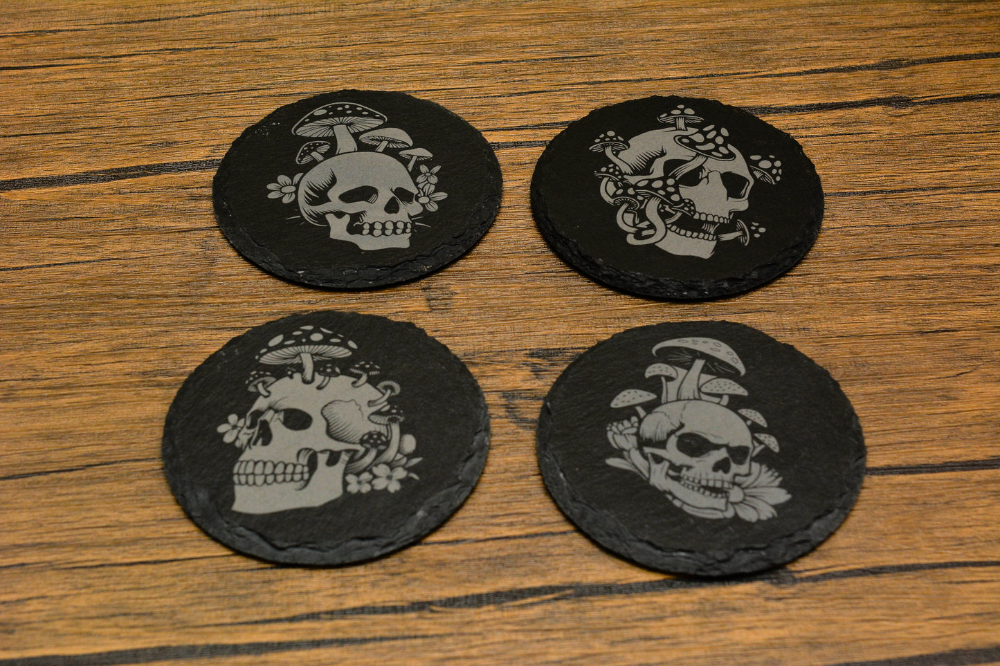 Engraved Slate Skull & Mushroom Coaster – Gothic Nature Design