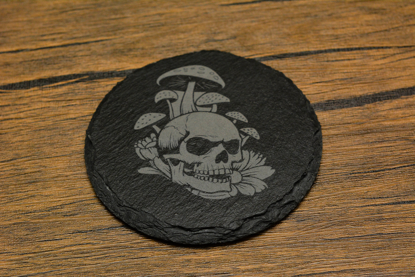 Engraved Slate Skull & Mushroom Coaster – Gothic Nature Design