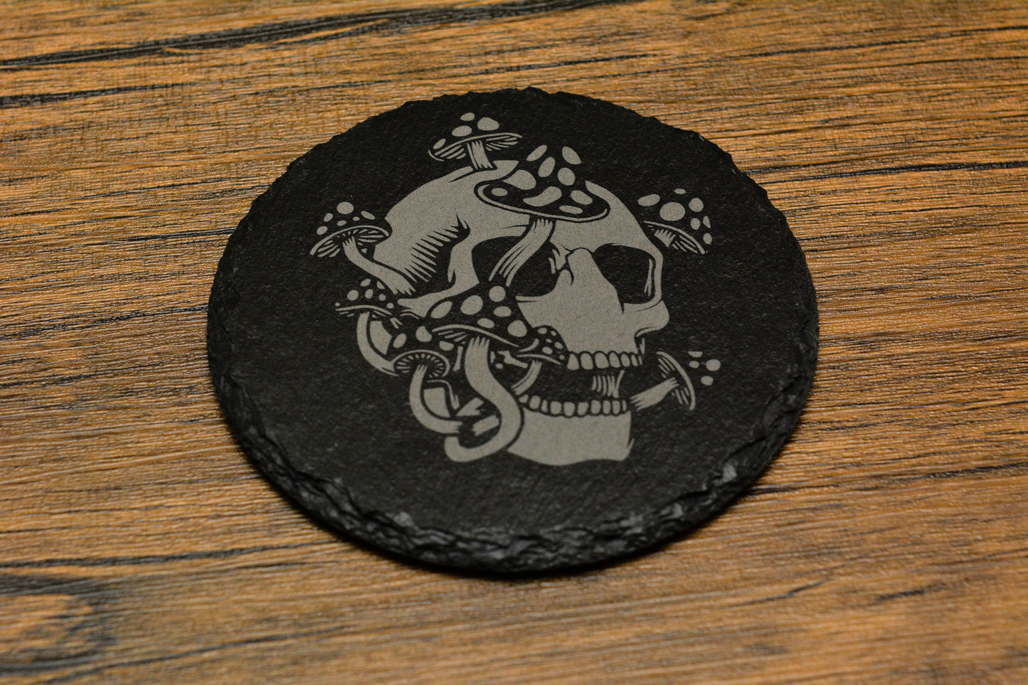 Engraved Slate Skull & Mushroom Coaster – Gothic Nature Design
