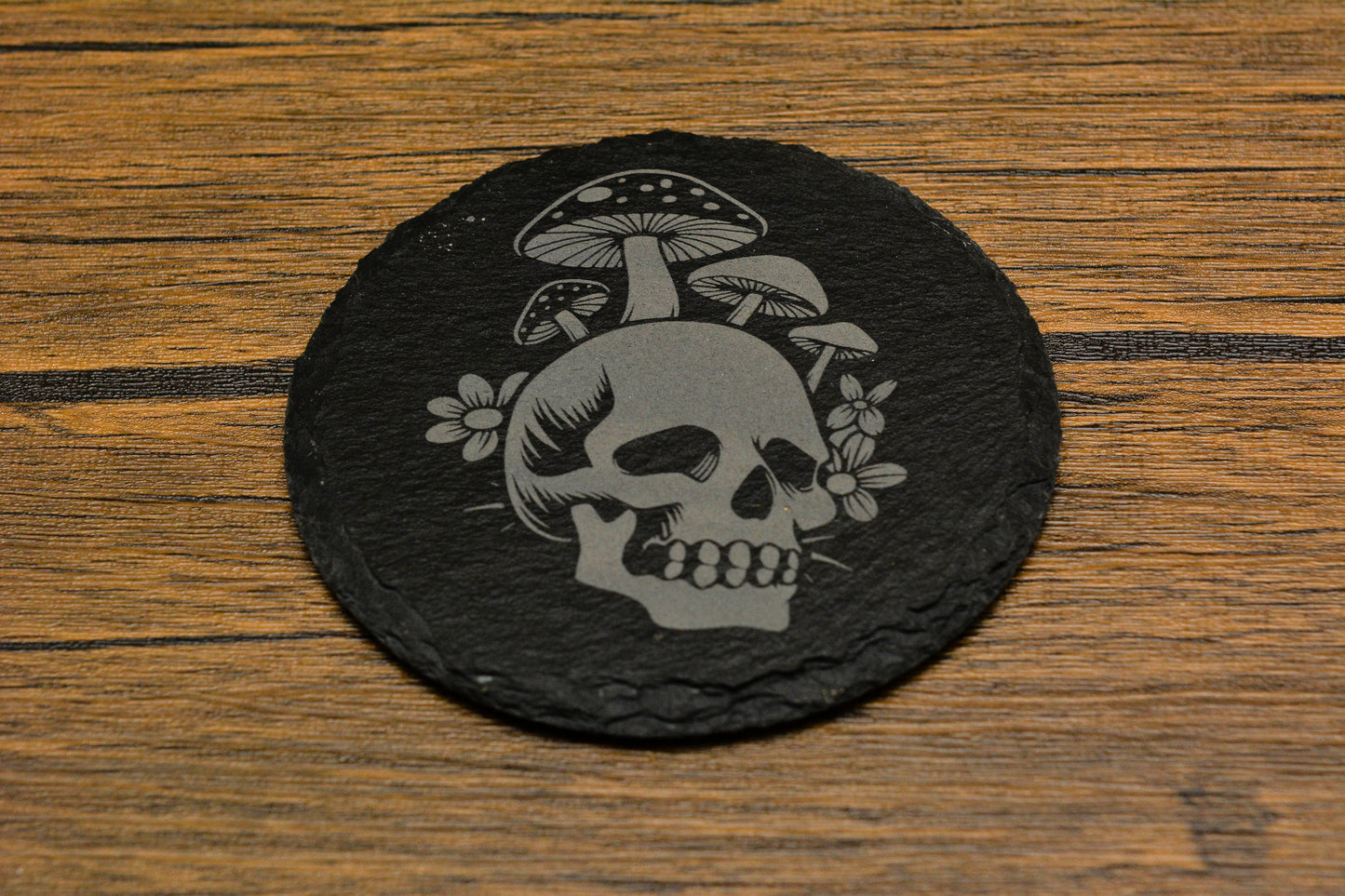 Engraved Slate Skull & Mushroom Coaster – Gothic Nature Design
