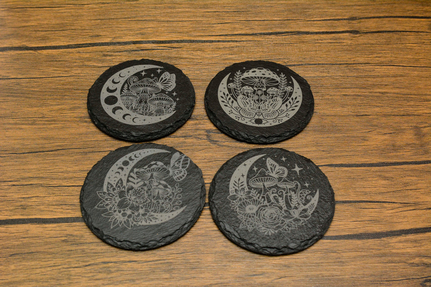 Engraved Slate Mushroom & Moon Coaster – Whimsical Nature Design (Round or Square)