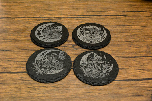 Engraved Slate Mushroom & Moon Coaster – Whimsical Nature Design (Round or Square)