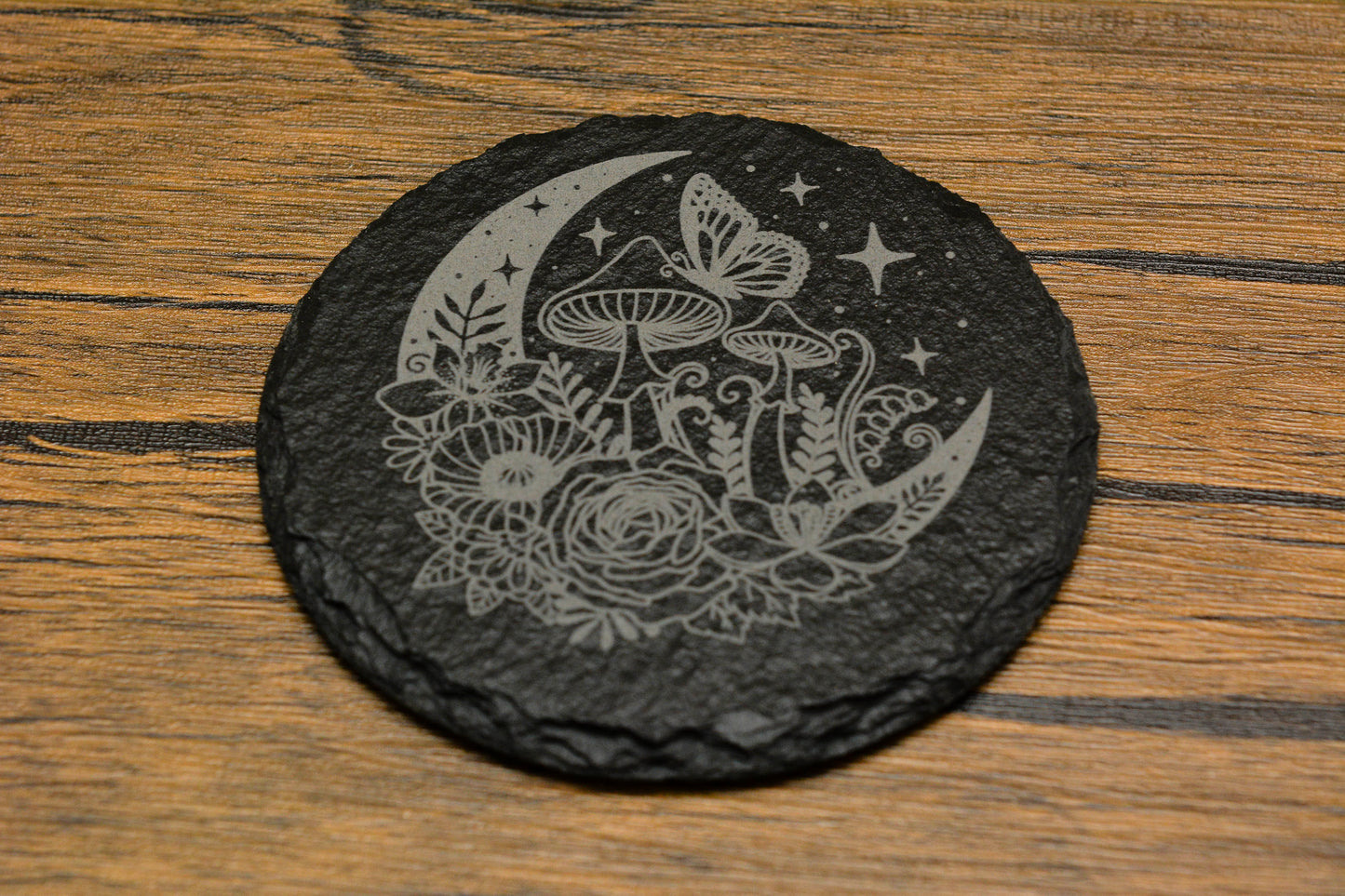 Engraved Slate Mushroom & Moon Coaster – Whimsical Nature Design (Round or Square)